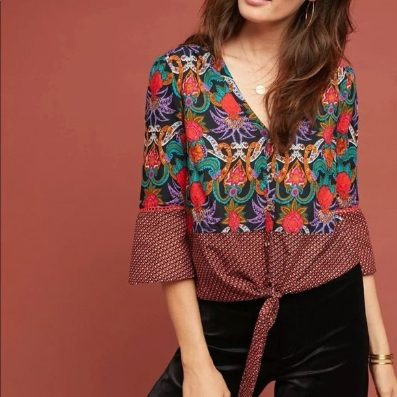 Anthro Maeve Carter Floral Paisley Geometric Tie Waist Boho Blouse Size 2 - Picture 1 of 9